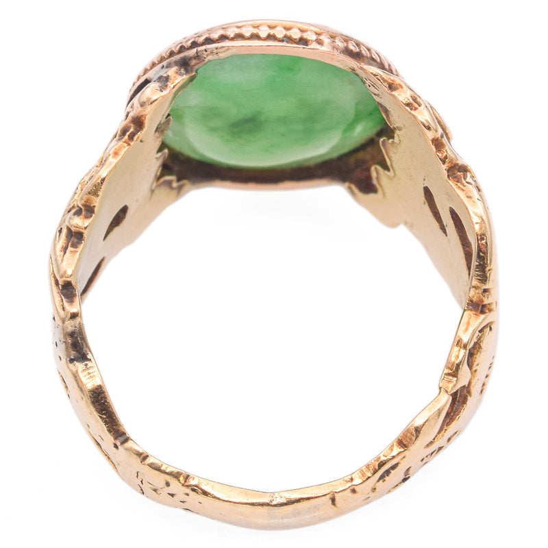 Vintage 14K Yellow Gold 3.7 Carats Green Cabochon Jade Band Ring Size 3.5