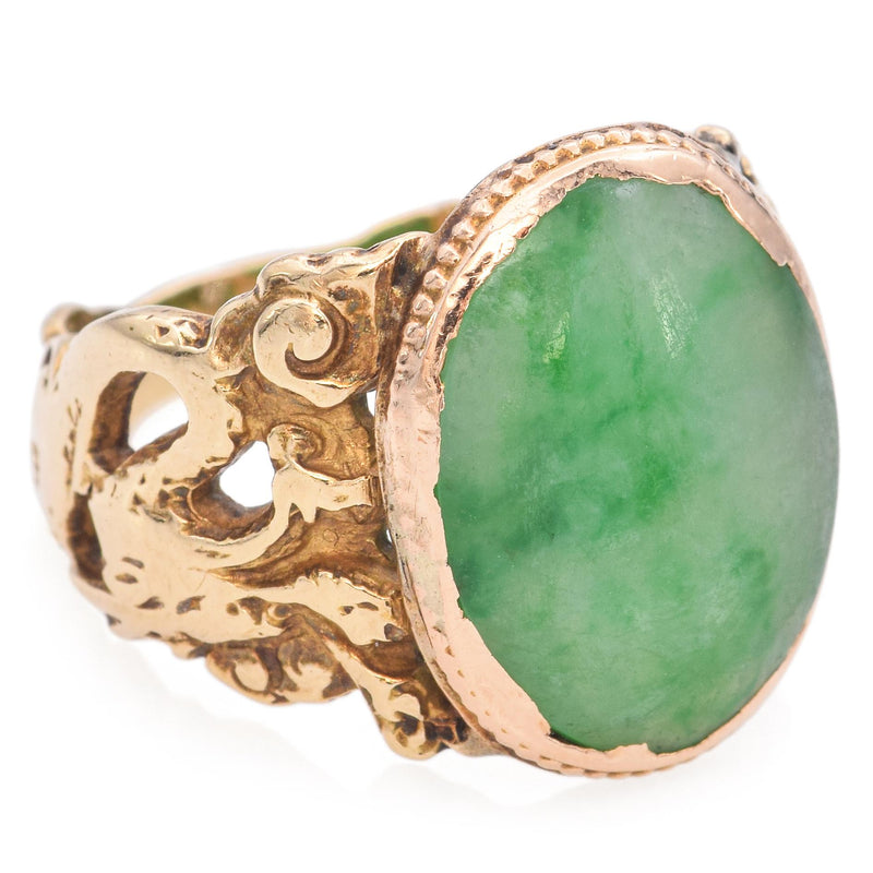 Vintage 14K Yellow Gold 3.7 Carats Green Cabochon Jade Band Ring Size 3.5