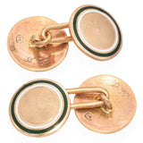 Antique 14K Yellow Gold Guilloché Etched Enamel Round Disc Mens Cufflinks