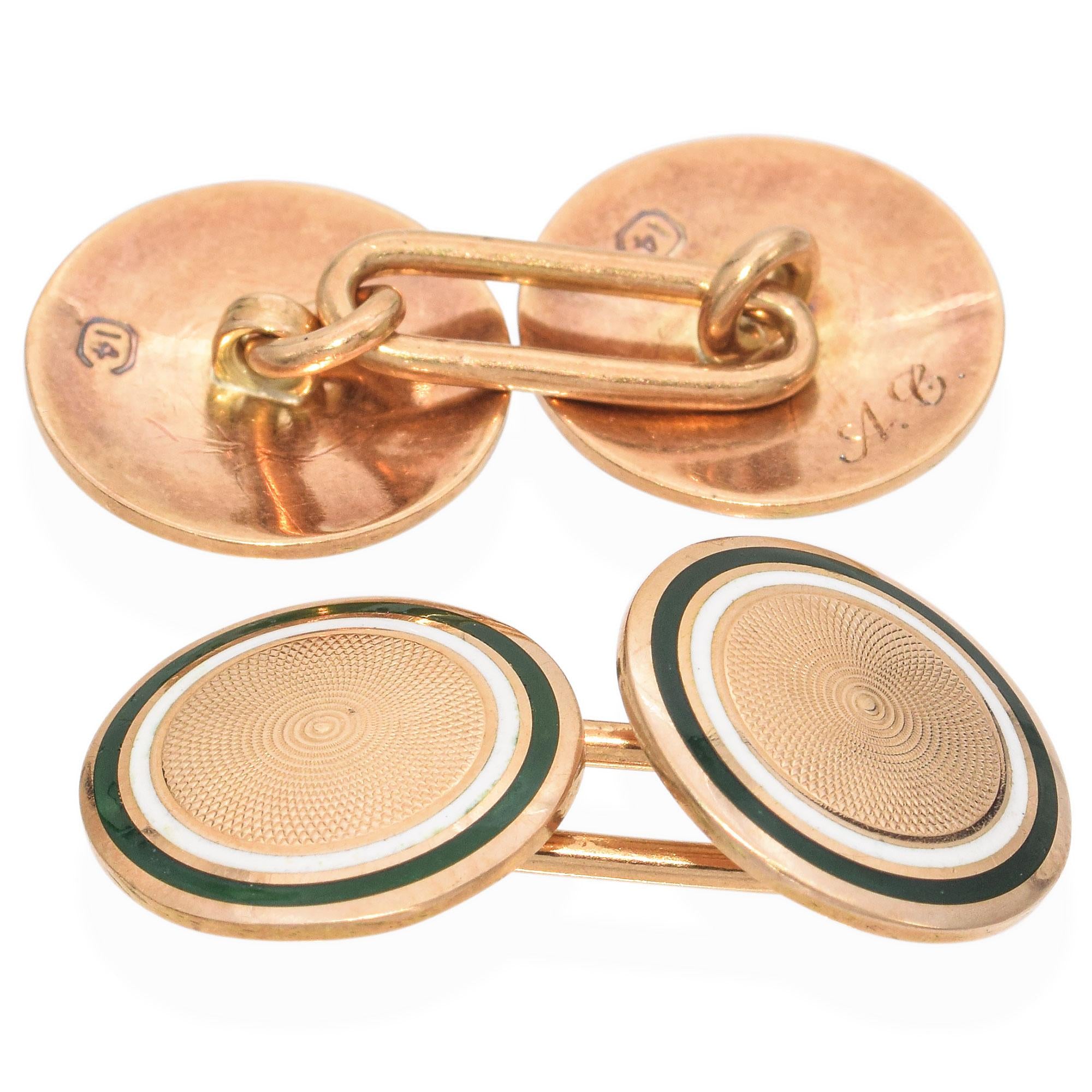 Antique 14K Yellow Gold Guilloché Etched Enamel Round Disc Mens Cufflinks