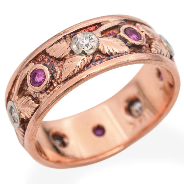 Vintage 14K Rose Gold Pink Sapphire and Diamond Leaf Motif Band