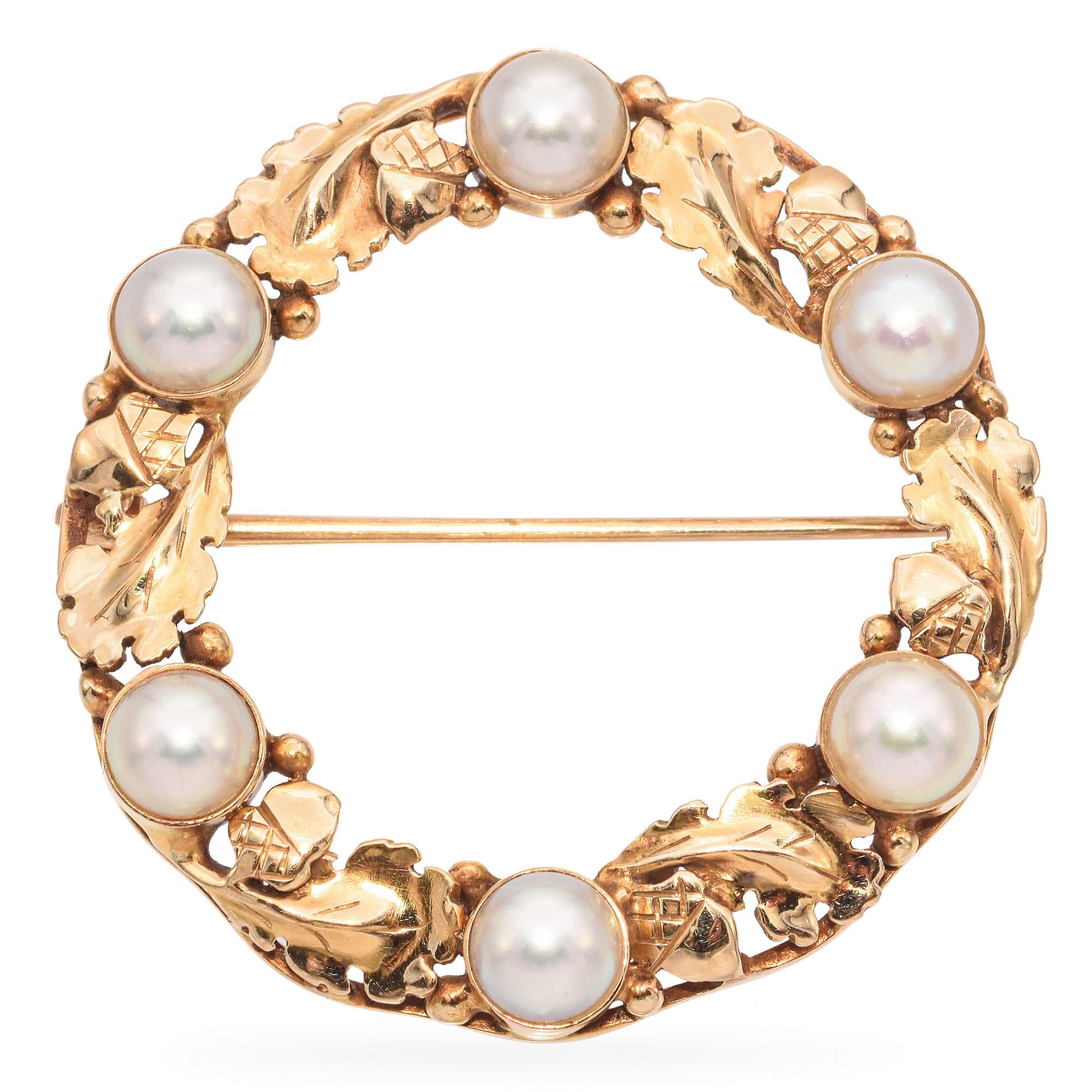 Antique 14K Yellow Gold Pearl Floral Circle Leaf Wreath Brooch