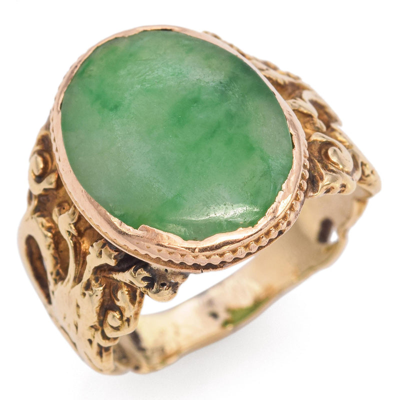 Vintage 14K Yellow Gold 3.7 Carats Green Cabochon Jade Band Ring Size 3.5