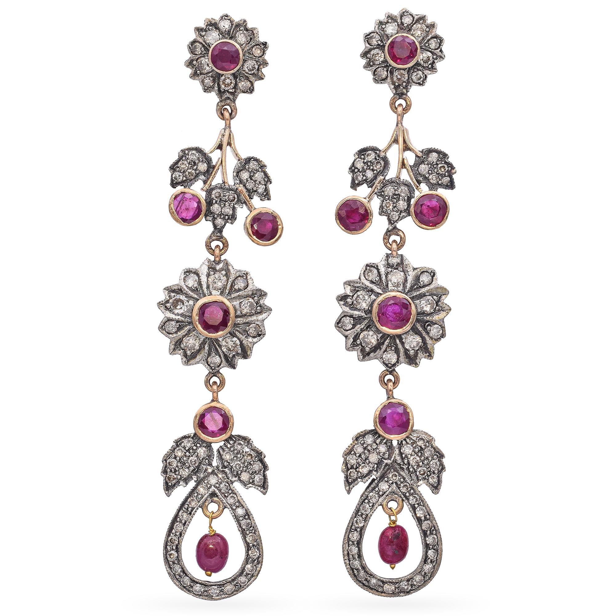 Vintage Ruby and Diamond Floral Drop Earrings