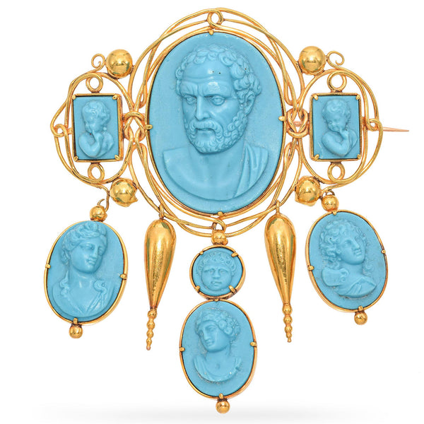 Antique 15K Yellow Gold Demosthenes & the 3 Ages of Life Turquoise Cameo Brooch