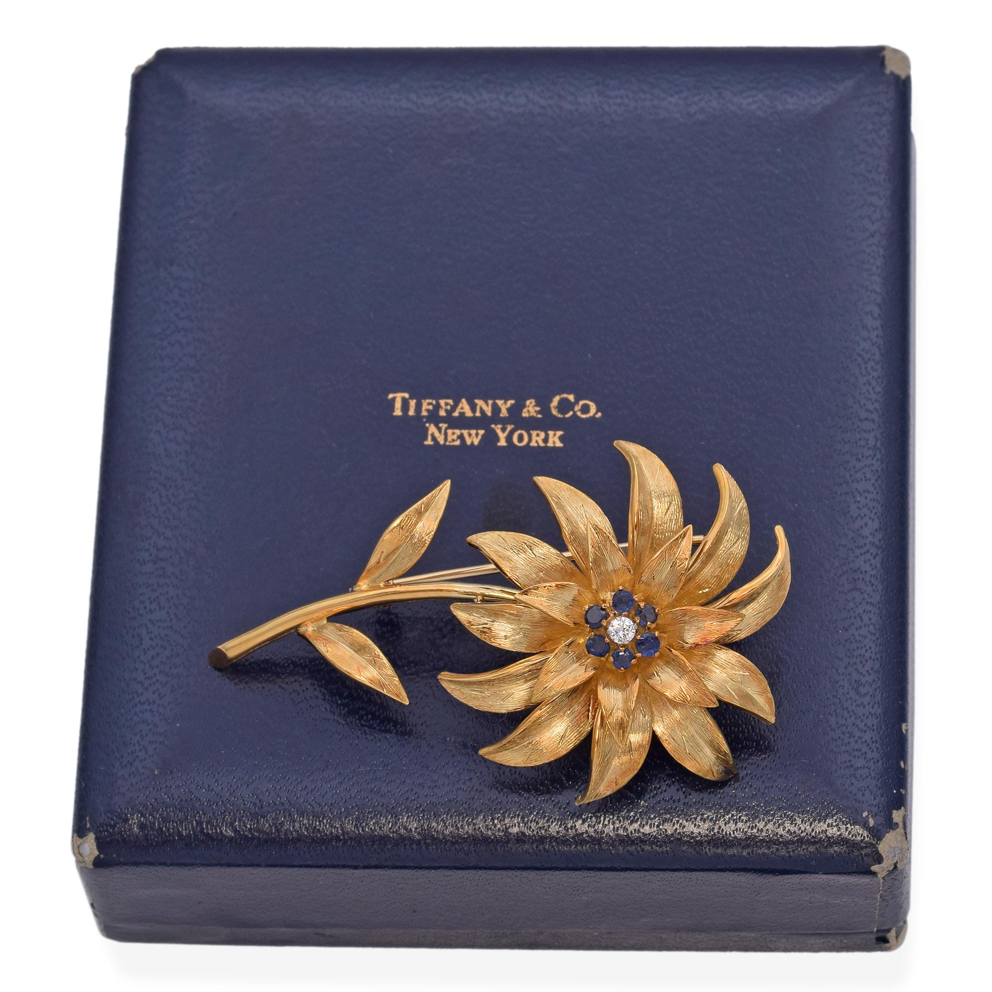 Tiffany & Co. 18K Yellow Gold Diamond & Sapphire Flower Brooch