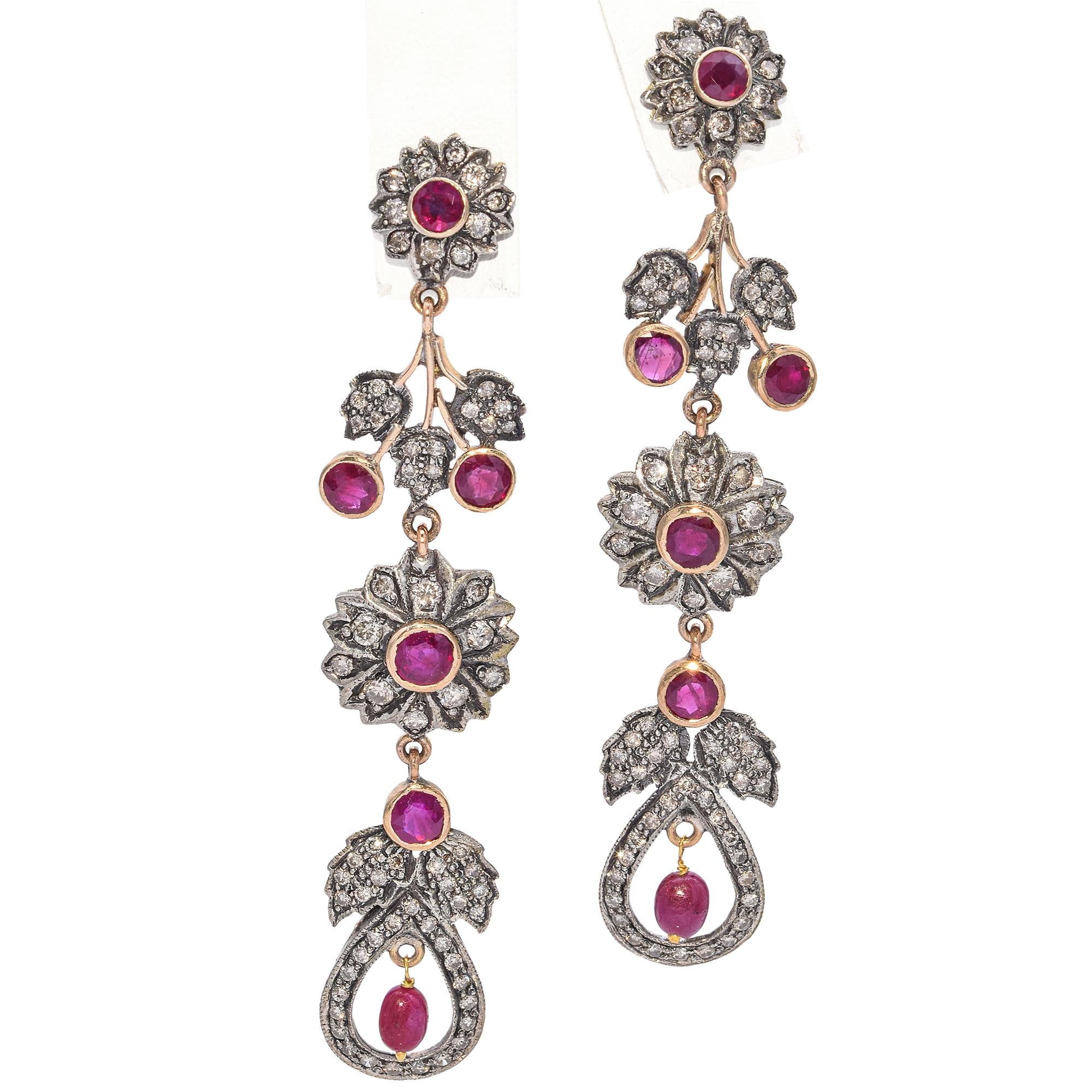 Vintage Ruby and Diamond Floral Drop Earrings