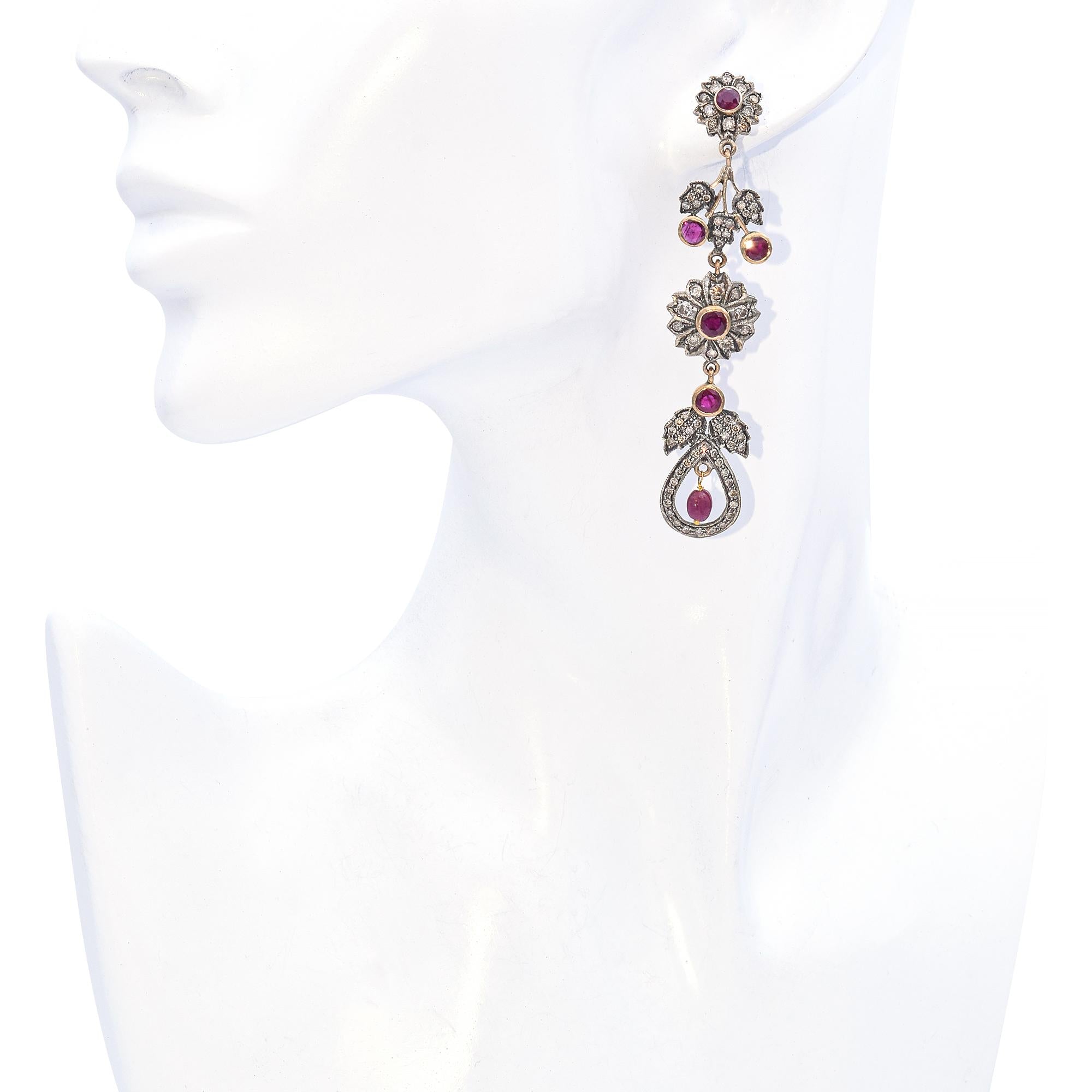 Vintage Ruby and Diamond Floral Drop Earrings