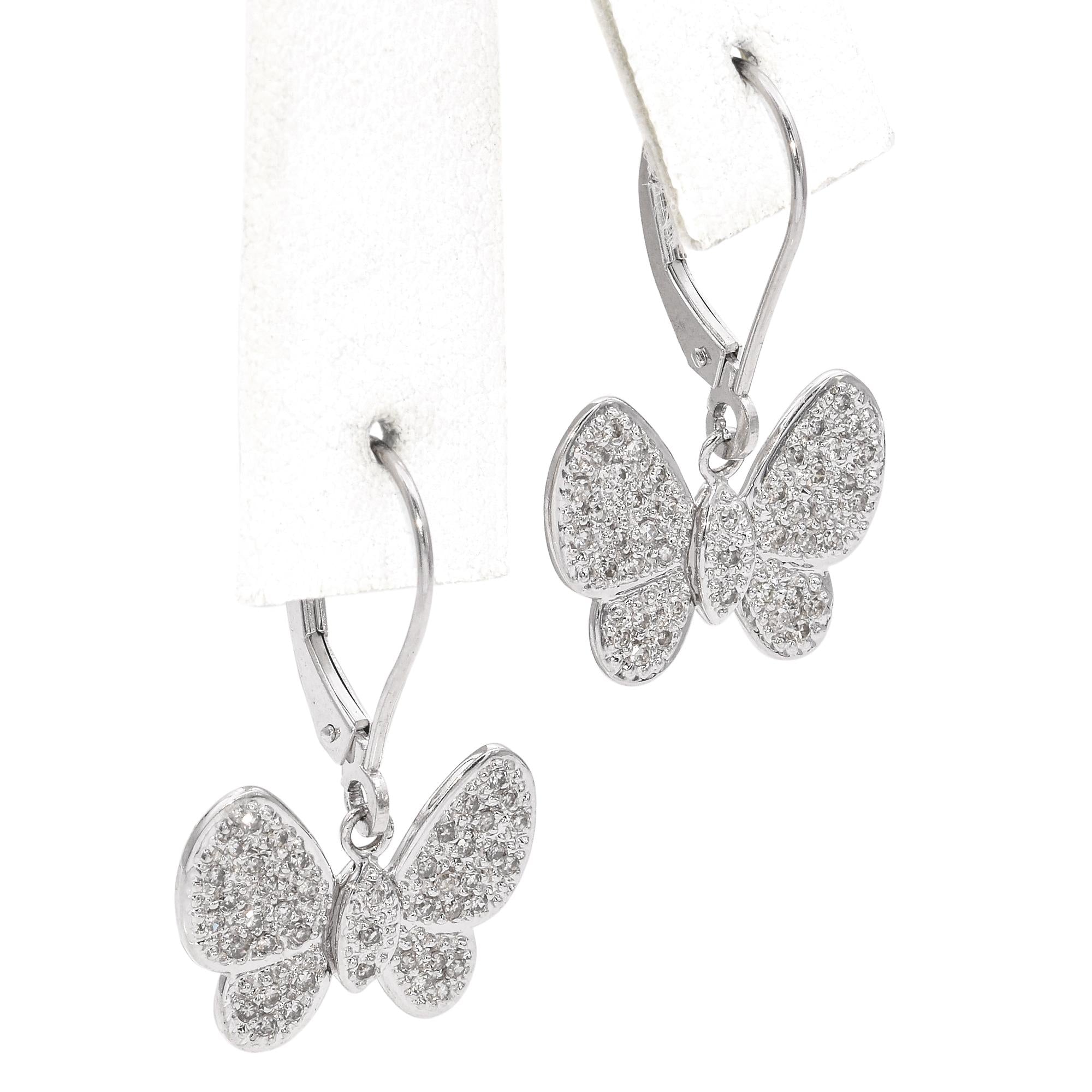 14K White Gold 1.29 TCW Diamond Butterfly Dangle Earrings