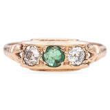 Antique Victorian Yellow Gold Diamond and Emerald Three Stone Ring