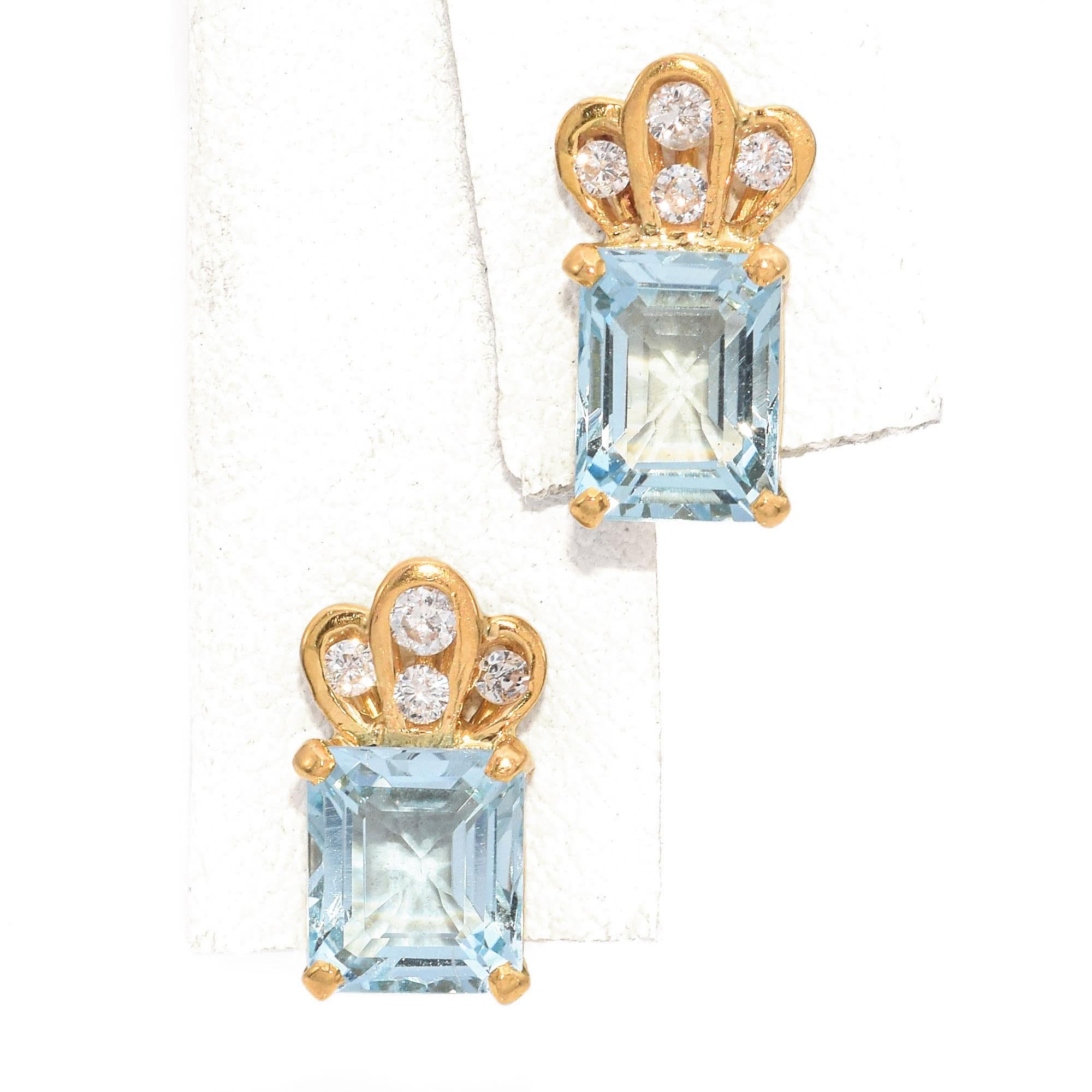 18K Yellow Gold 1.66 TCW Aquamarine and Diamond Stud Earrings