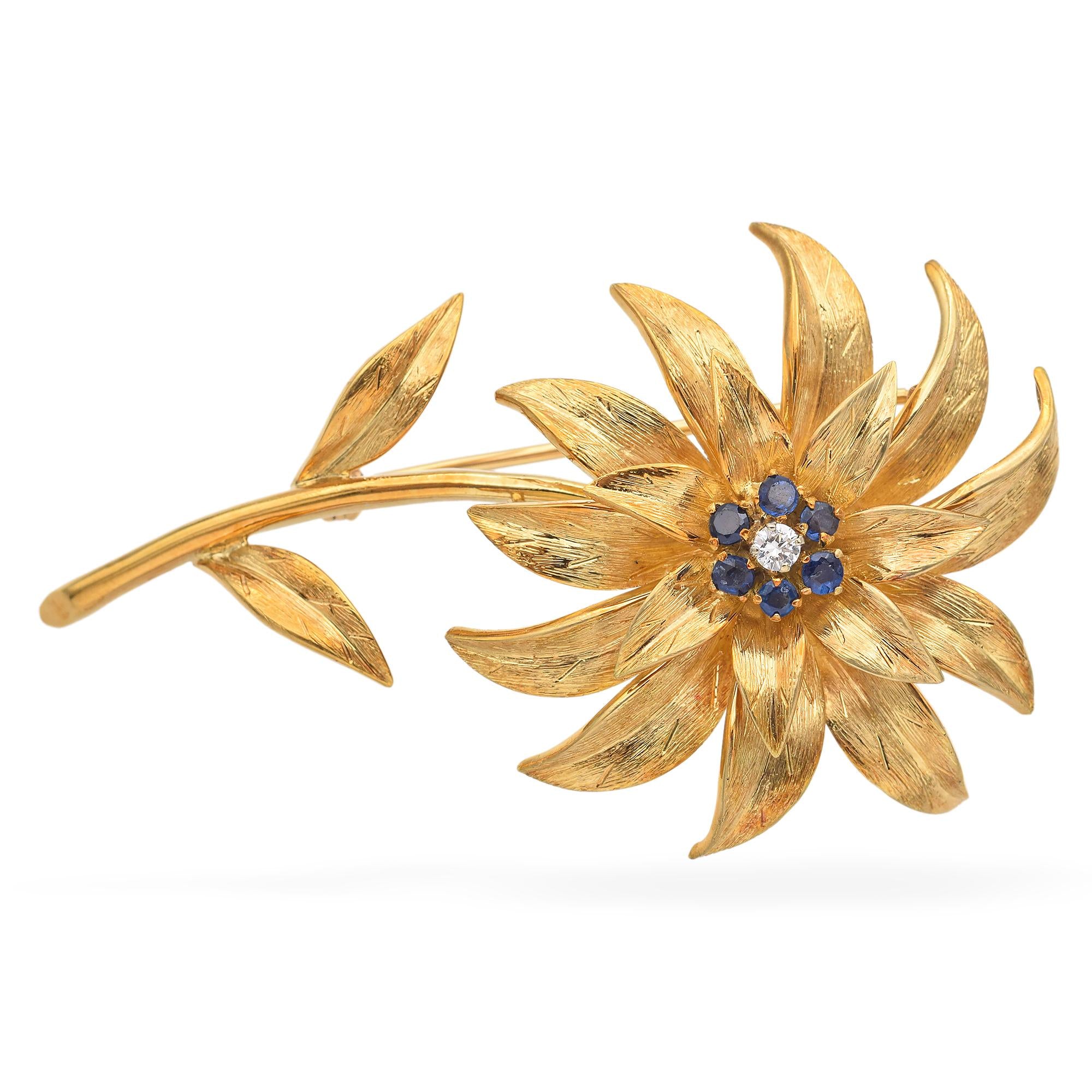 Tiffany & Co. 18K Yellow Gold Diamond & Sapphire Flower Brooch