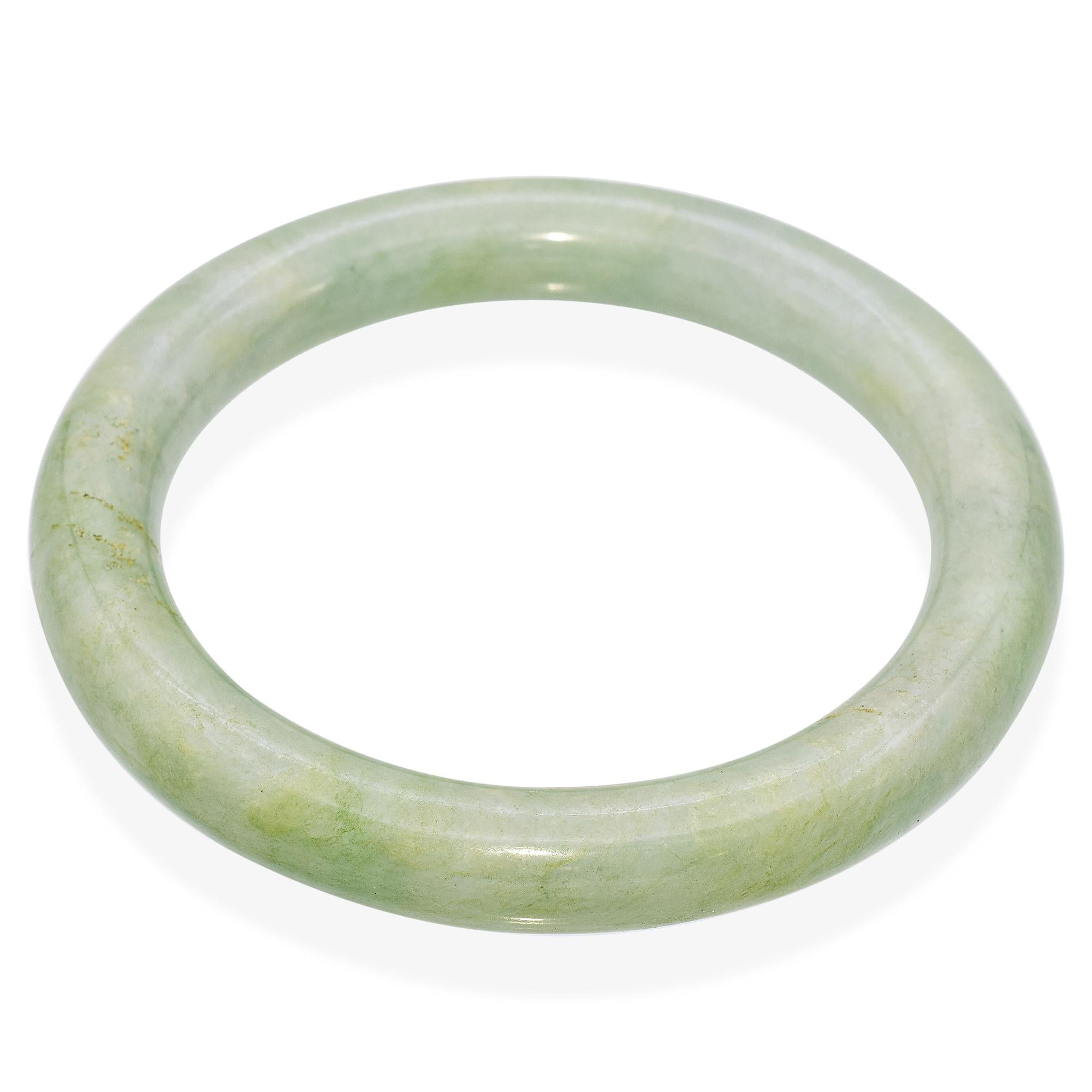 1920s Mottled Green Light Gray Jadeite Jade Bangle Bracelet