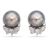 Vintage White Gold Tahitian Pearl and 0.64 TCW HI-SI Diamond Stud Earrings