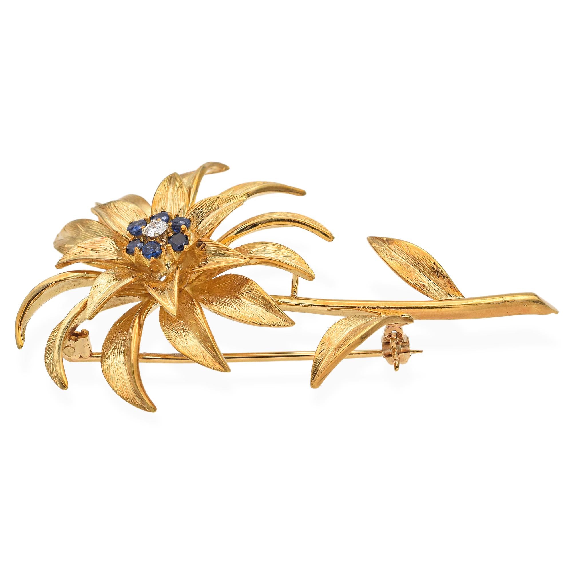 Tiffany & Co. 18K Yellow Gold Diamond & Sapphire Flower Brooch