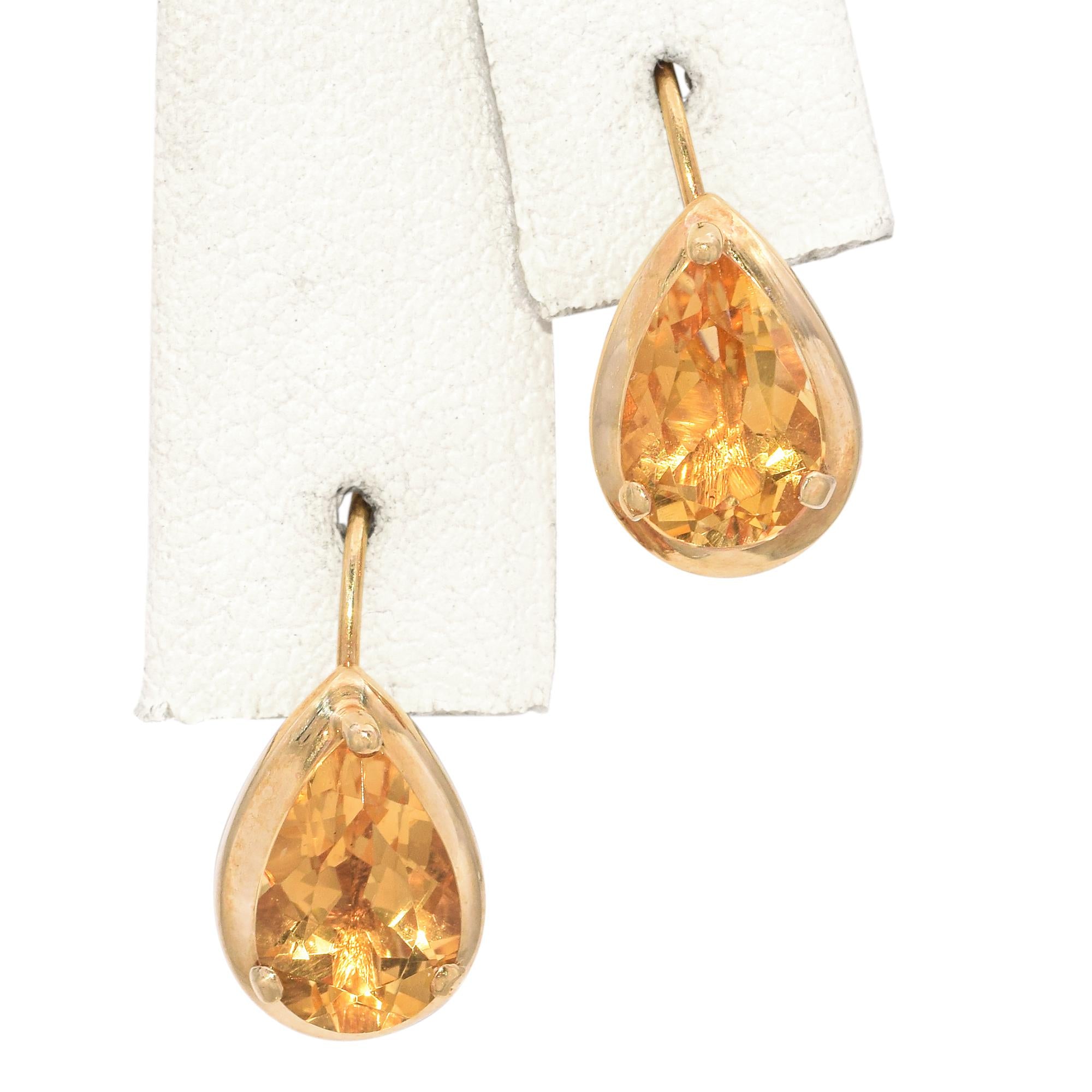 14K Yellow Gold 2.1 TCW Pear Citrine Drop Earrings