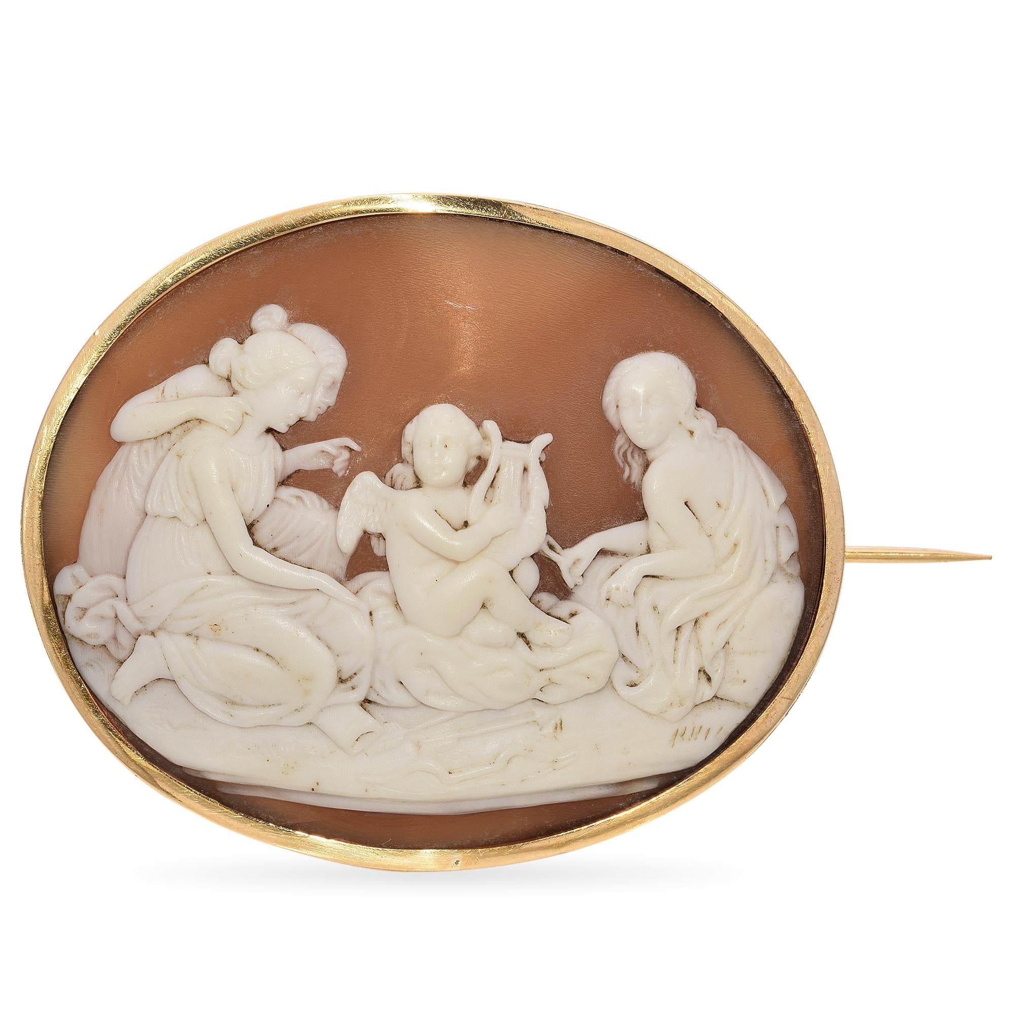 Antique 17K Yellow Gold Cherub and Three Women Shell Cameo Brooch