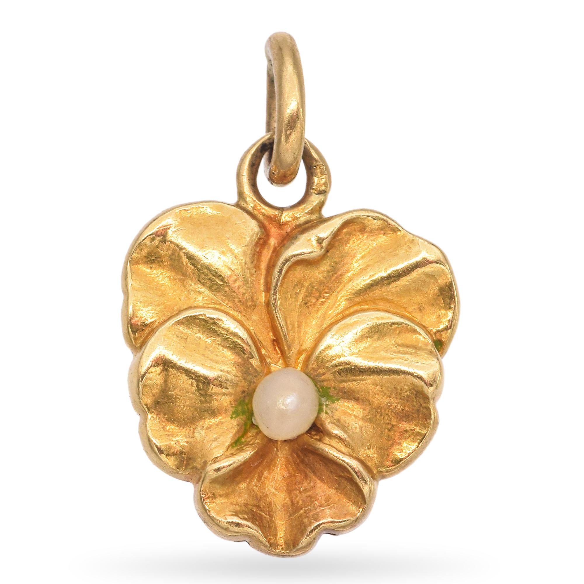 Antique 20K Yellow Gold Flower & Pearl Accent Charm Pendant