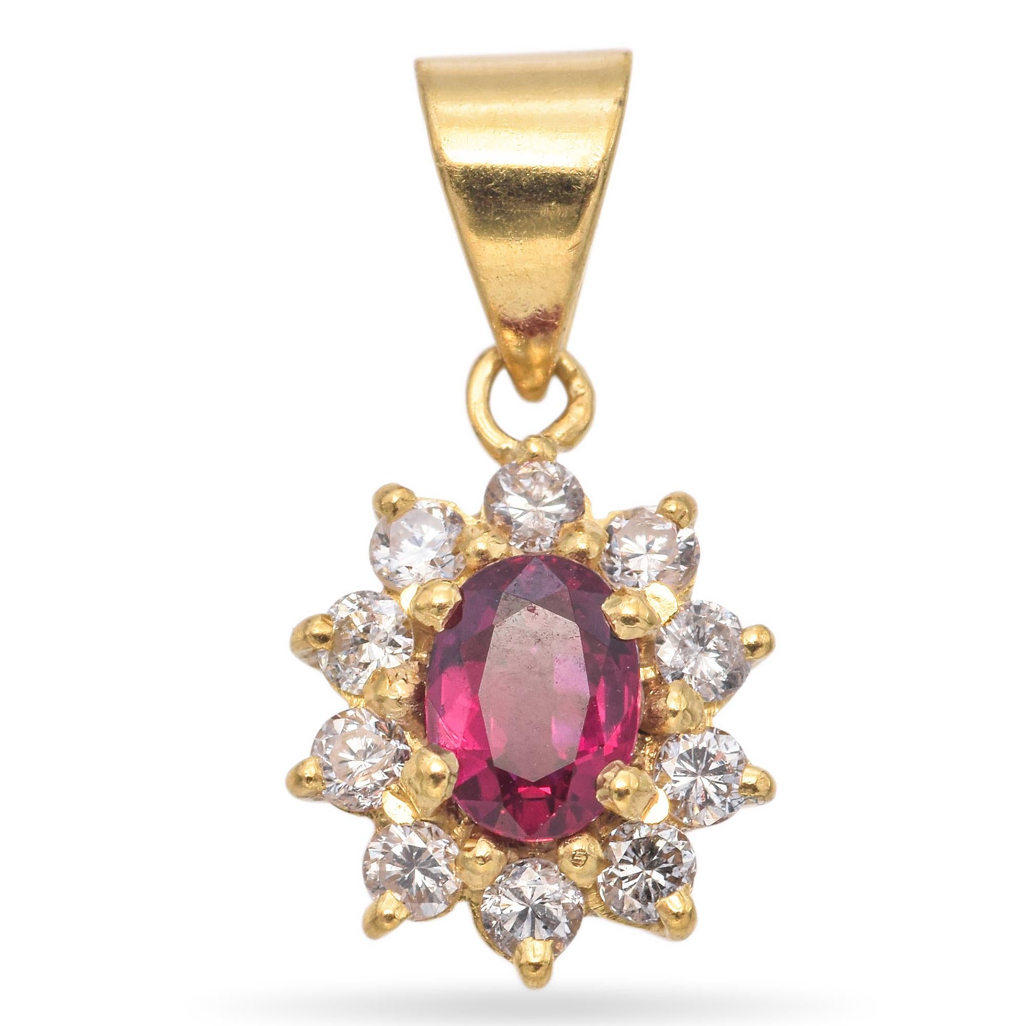 18K Yellow Gold 0.17 Ct. Ruby and Diamond Halo Pendant