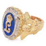 Antique 16k Yellow Gold and Enamel "L" Initial Ring with Rose Cut Diamond Halo