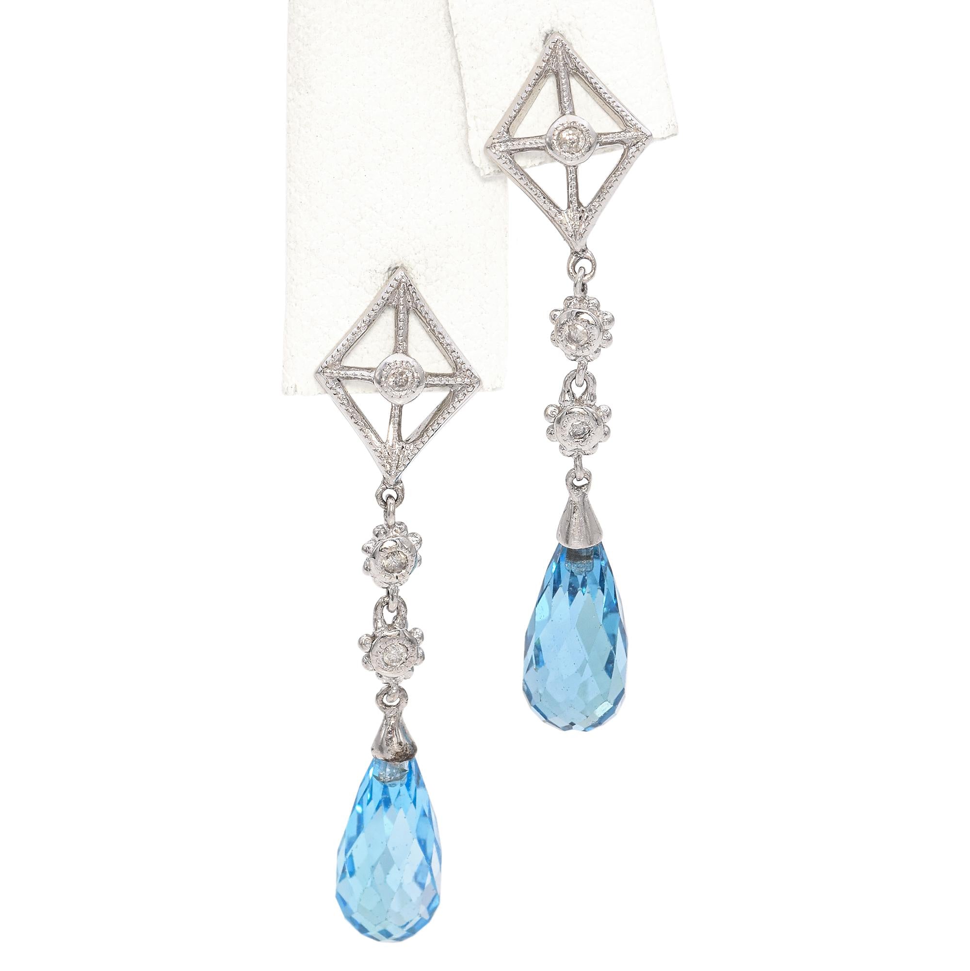 14K White Gold Briolette Cut Blue Topaz Diamond Dangle Drop Earrings