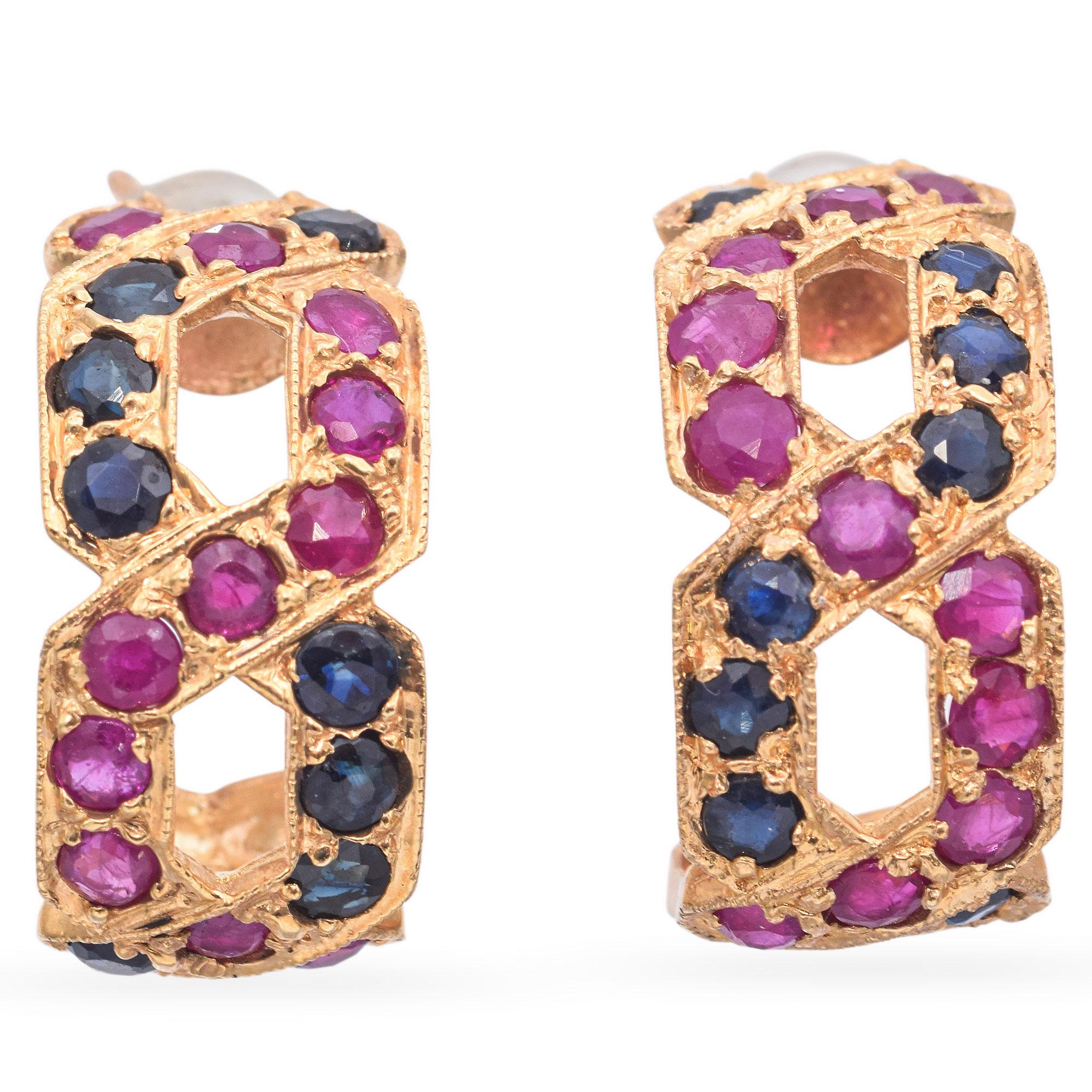 14K Yellow Gold 0.94 TCW Ruby and Sapphire Semi-Cuff Earrings