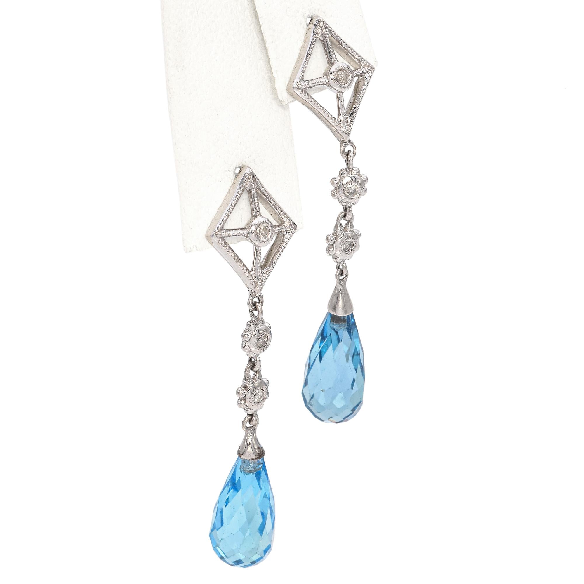 14K White Gold Briolette Cut Blue Topaz Diamond Dangle Drop Earrings