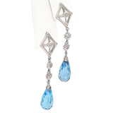 14K White Gold Briolette Cut Blue Topaz Diamond Dangle Drop Earrings