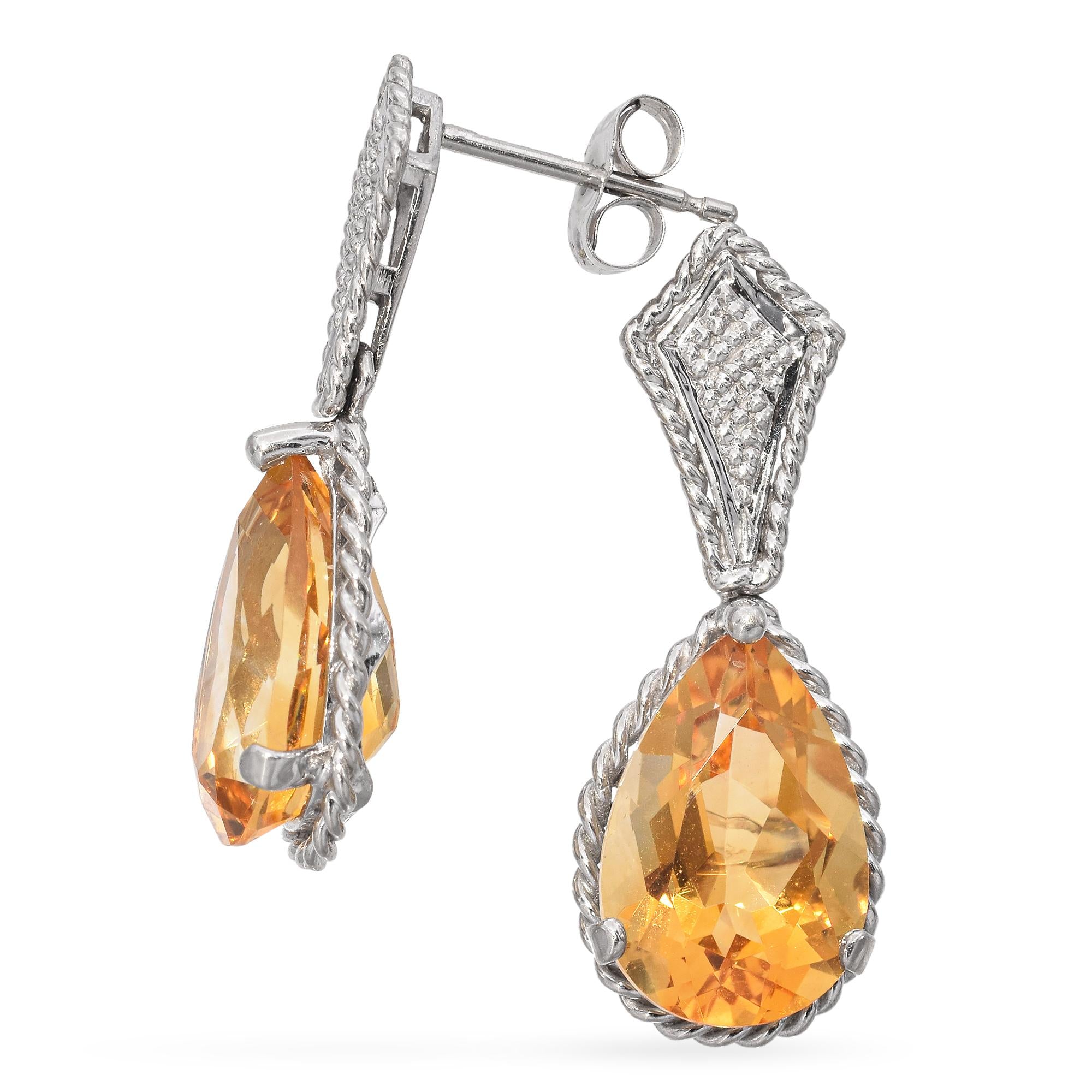 14K White Gold Pear Cut 2.78 Ct. Citrine Drop Earrings