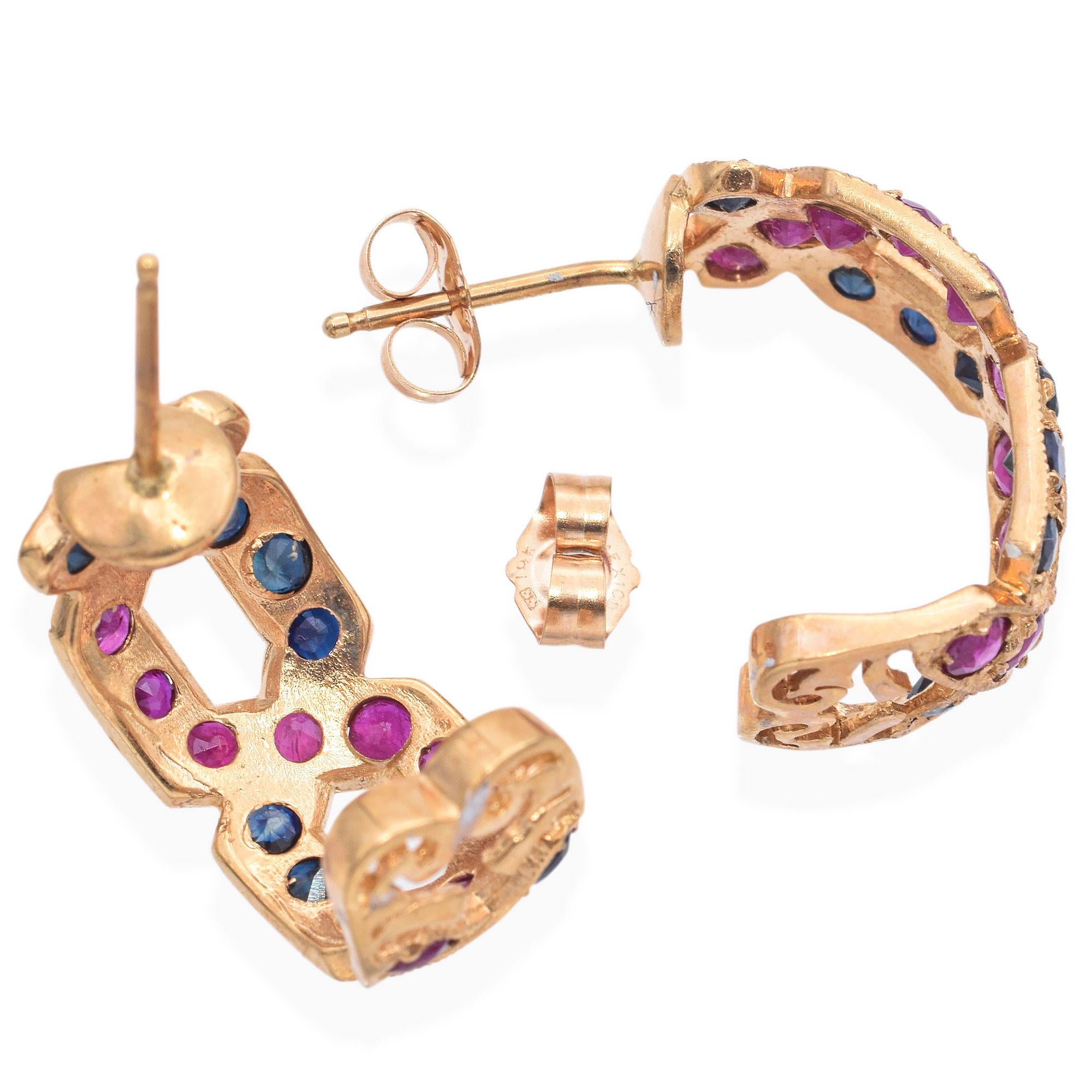 14K Yellow Gold 0.94 TCW Ruby and Sapphire Semi-Cuff Earrings