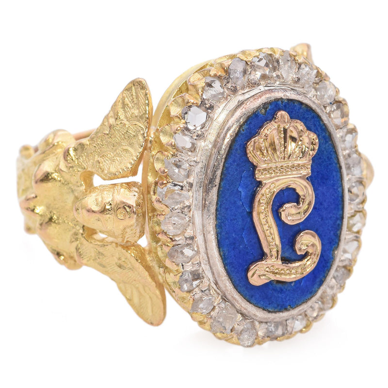 Antique 16k Yellow Gold and Enamel "L" Initial Ring with Rose Cut Diamond Halo