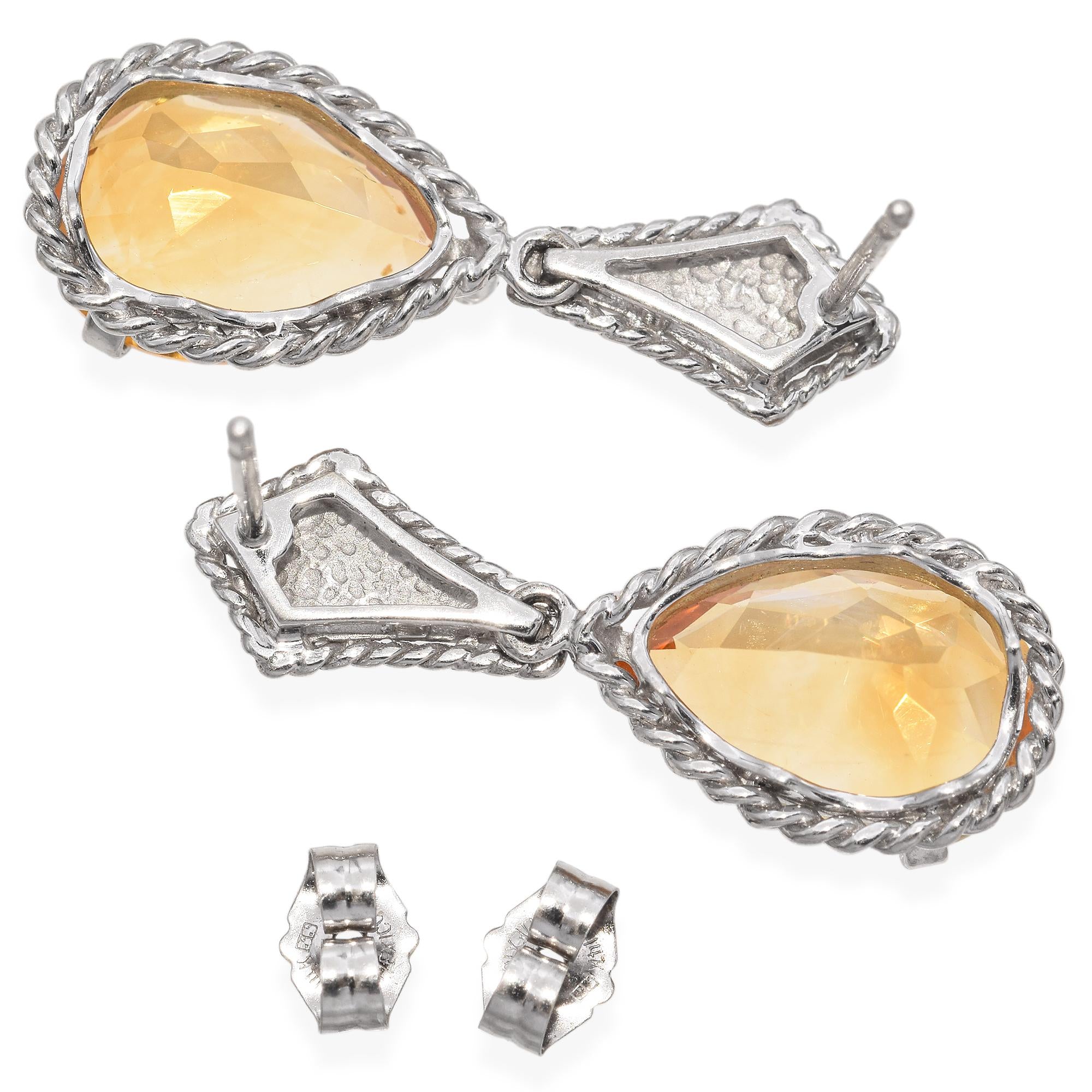 14K White Gold Pear Cut 2.78 Ct. Citrine Drop Earrings