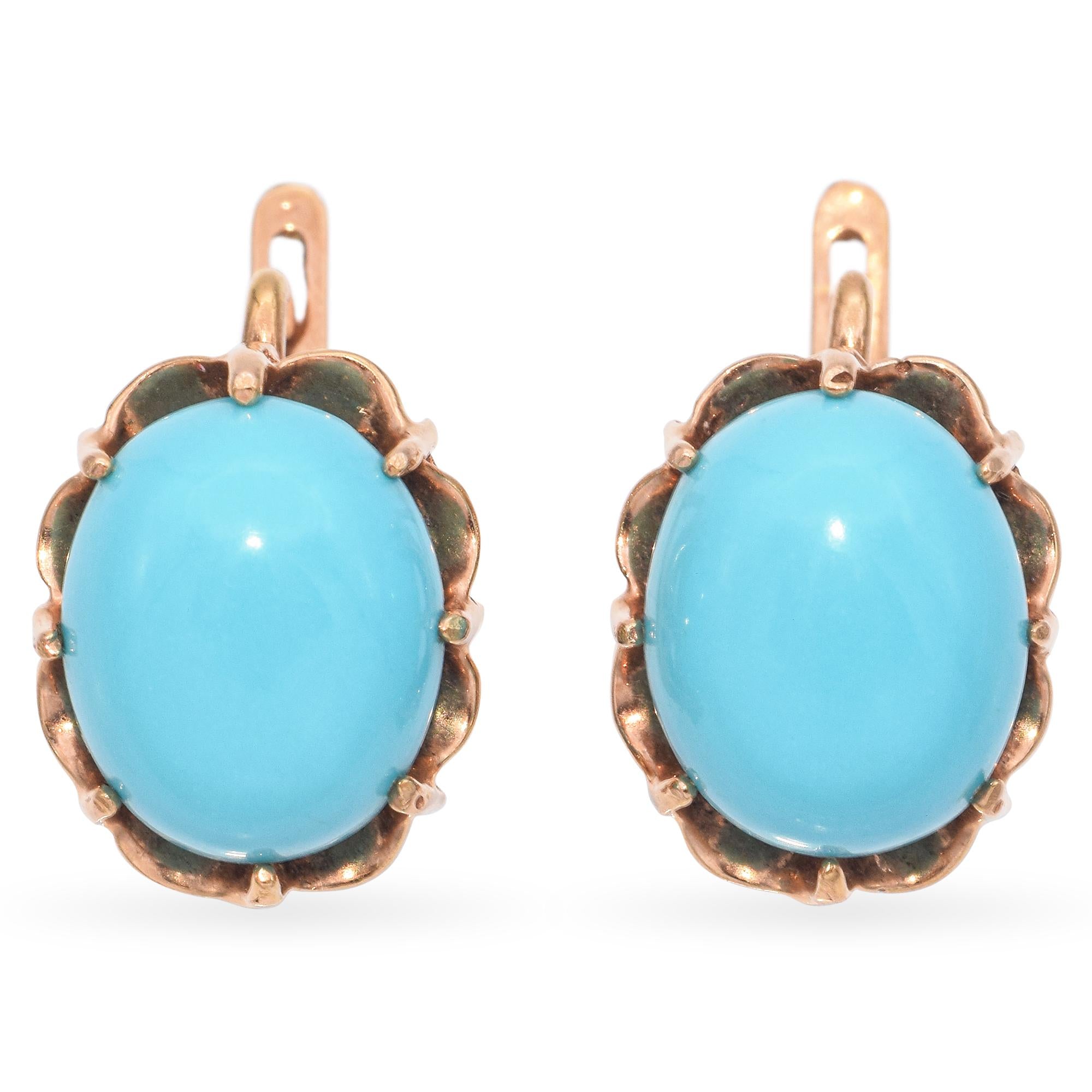 Vintage Yellow Gold Turquoise Cabochon Earrings