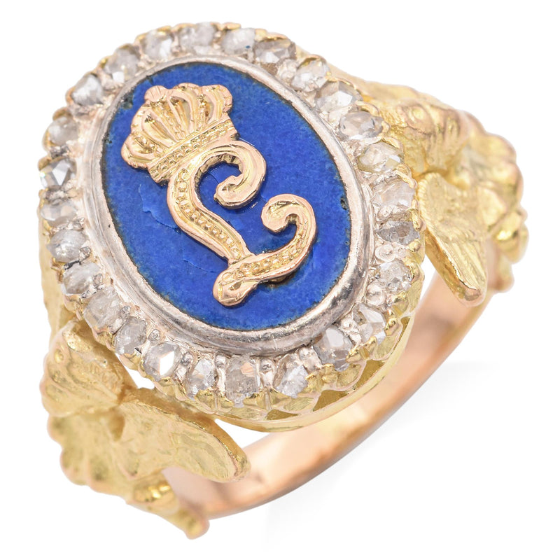 Antique 16k Yellow Gold and Enamel "L" Initial Ring with Rose Cut Diamond Halo