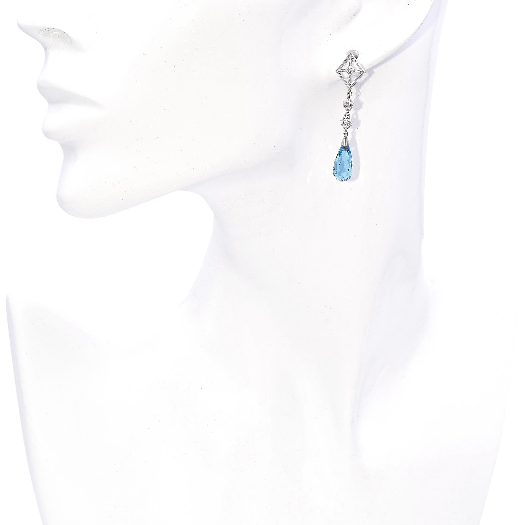 14K White Gold Briolette Cut Blue Topaz Diamond Dangle Drop Earrings