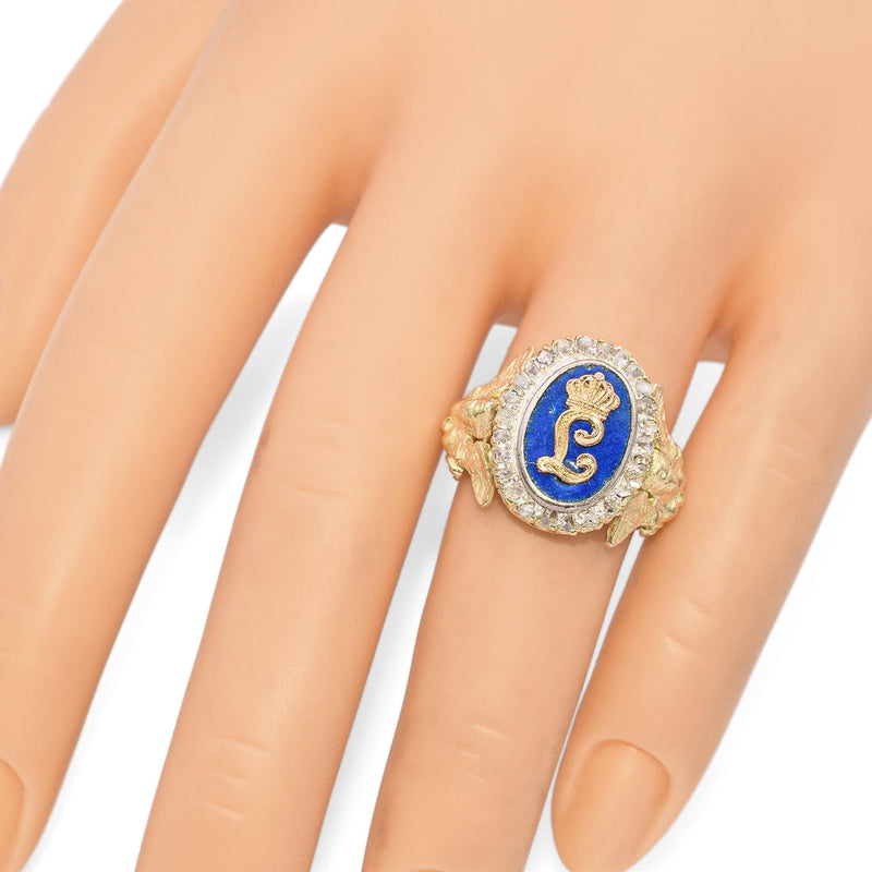 Antique 16k Yellow Gold and Enamel "L" Initial Ring with Rose Cut Diamond Halo