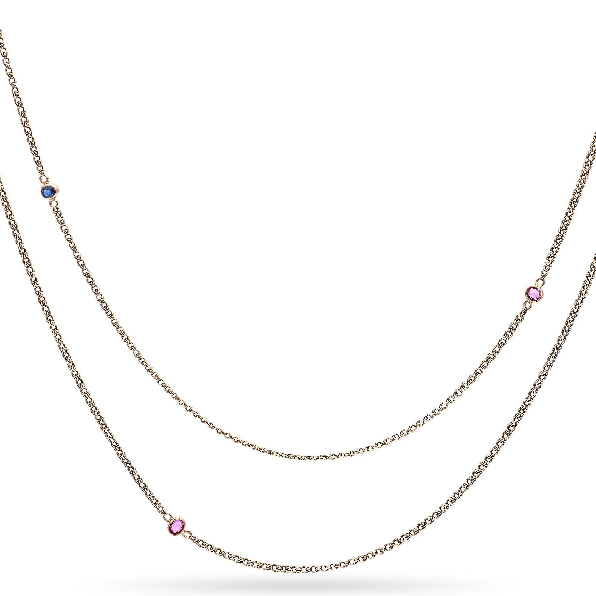 Antique 18K Yellow Gold Pocket Watch Chain With Pink and Blue Sapphire Accents