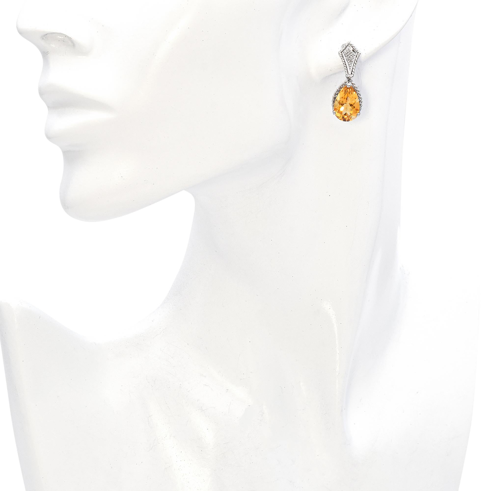 14K White Gold Pear Cut 2.78 Ct. Citrine Drop Earrings