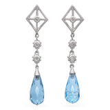 14K White Gold Briolette Cut Blue Topaz Diamond Dangle Drop Earrings