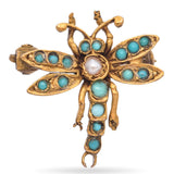 Antique Yellow Gold Turquoise and Pearl Dragonfly Brooch