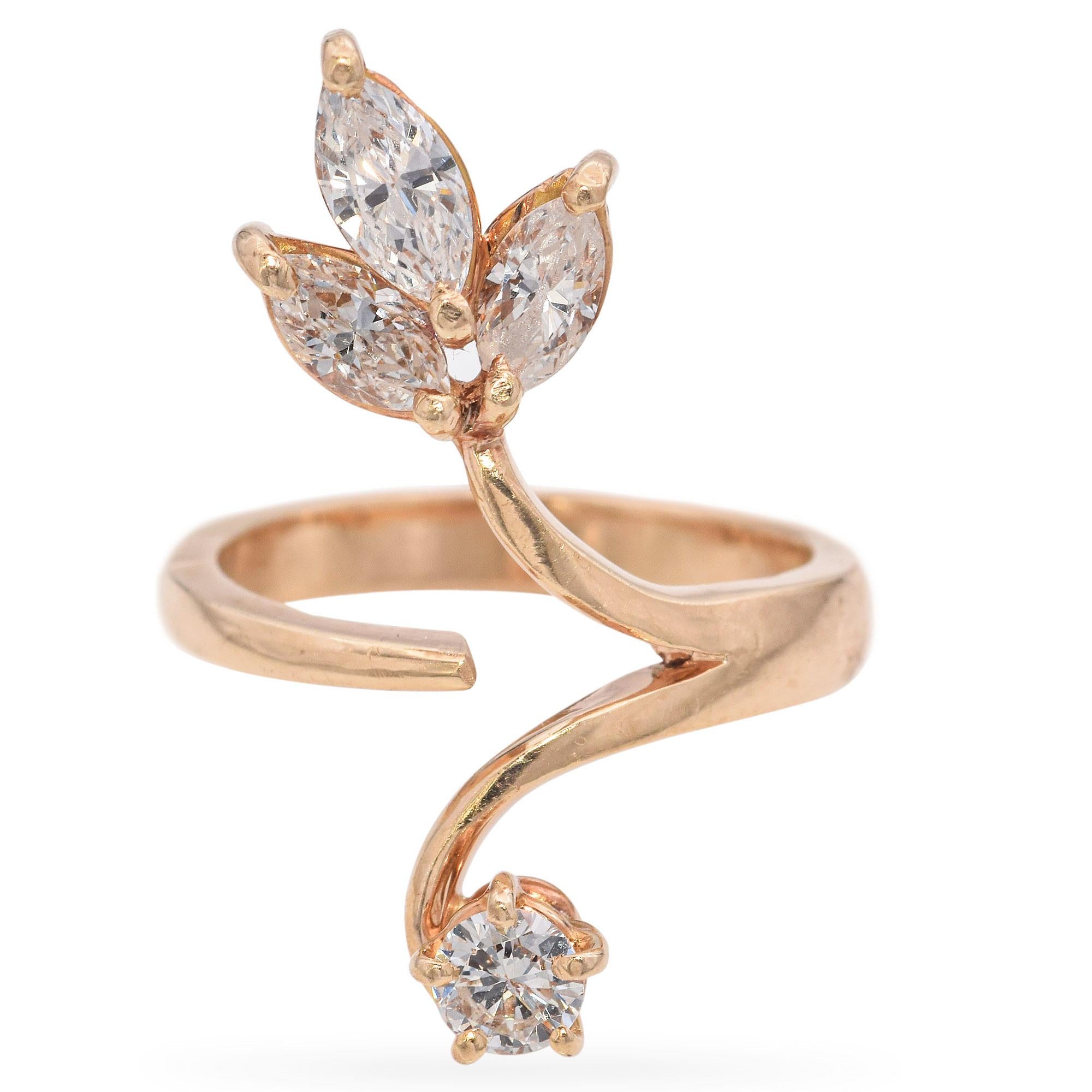 14K Yellow Gold Marquise and Round Diamond Bypass Ring