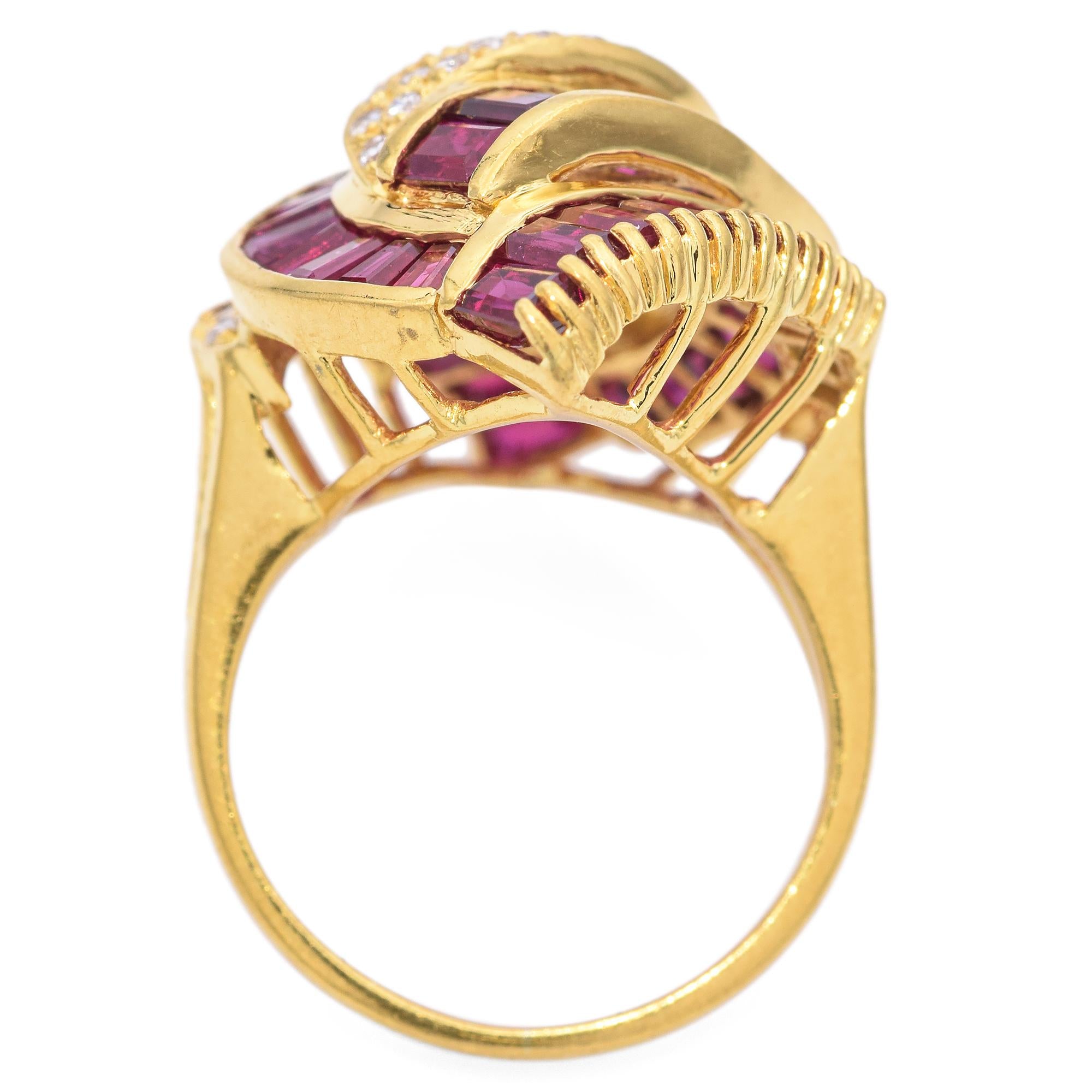 Vintage 18k Yellow Gold Ruby and Diamond Swirl Statement Ring