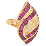 Vintage 18k Yellow Gold Ruby and Diamond Swirl Statement Ring