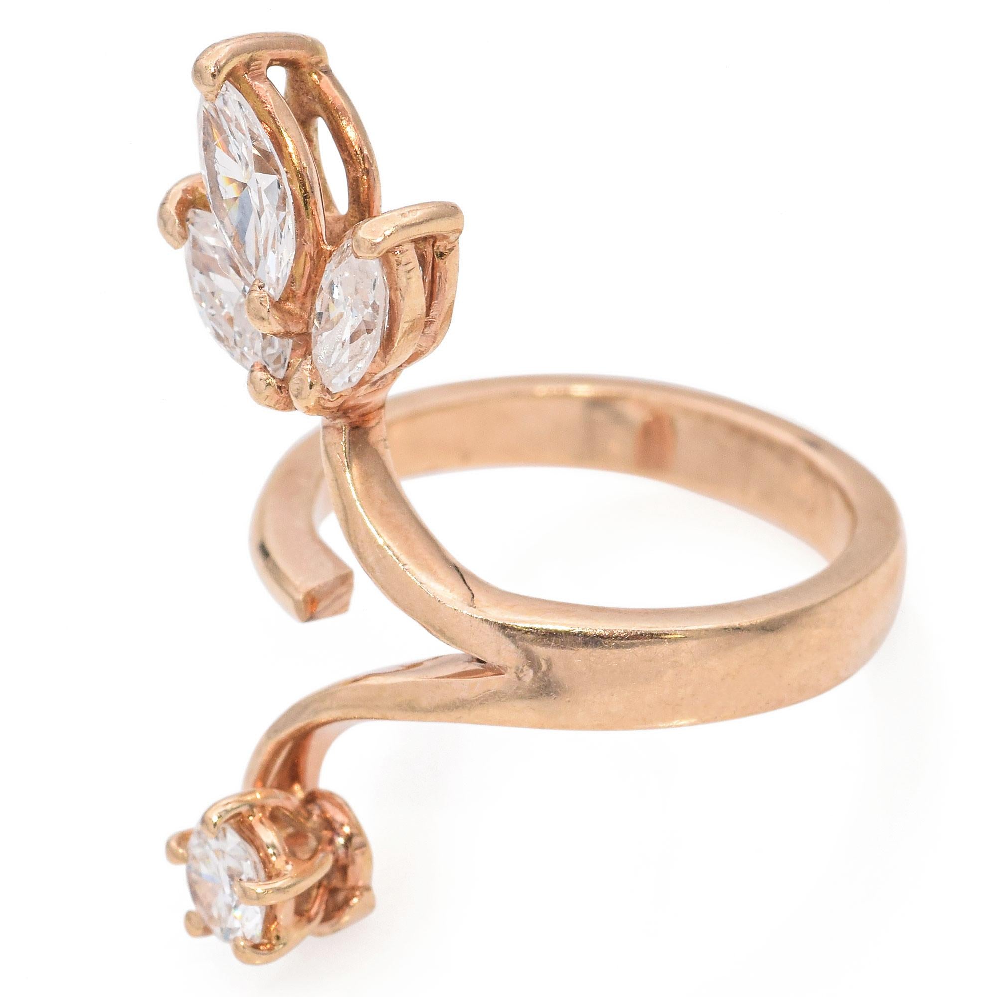 14K Yellow Gold Marquise and Round Diamond Bypass Ring