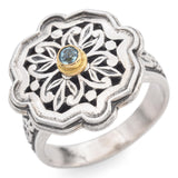 Konstantino Sterling Silver with 18K Gold Bezel Set Blue Topaz Floral Motif Ring