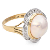 Vintage 14K Yellow Gold Mabe Pearl & Diamond Cocktail Ring