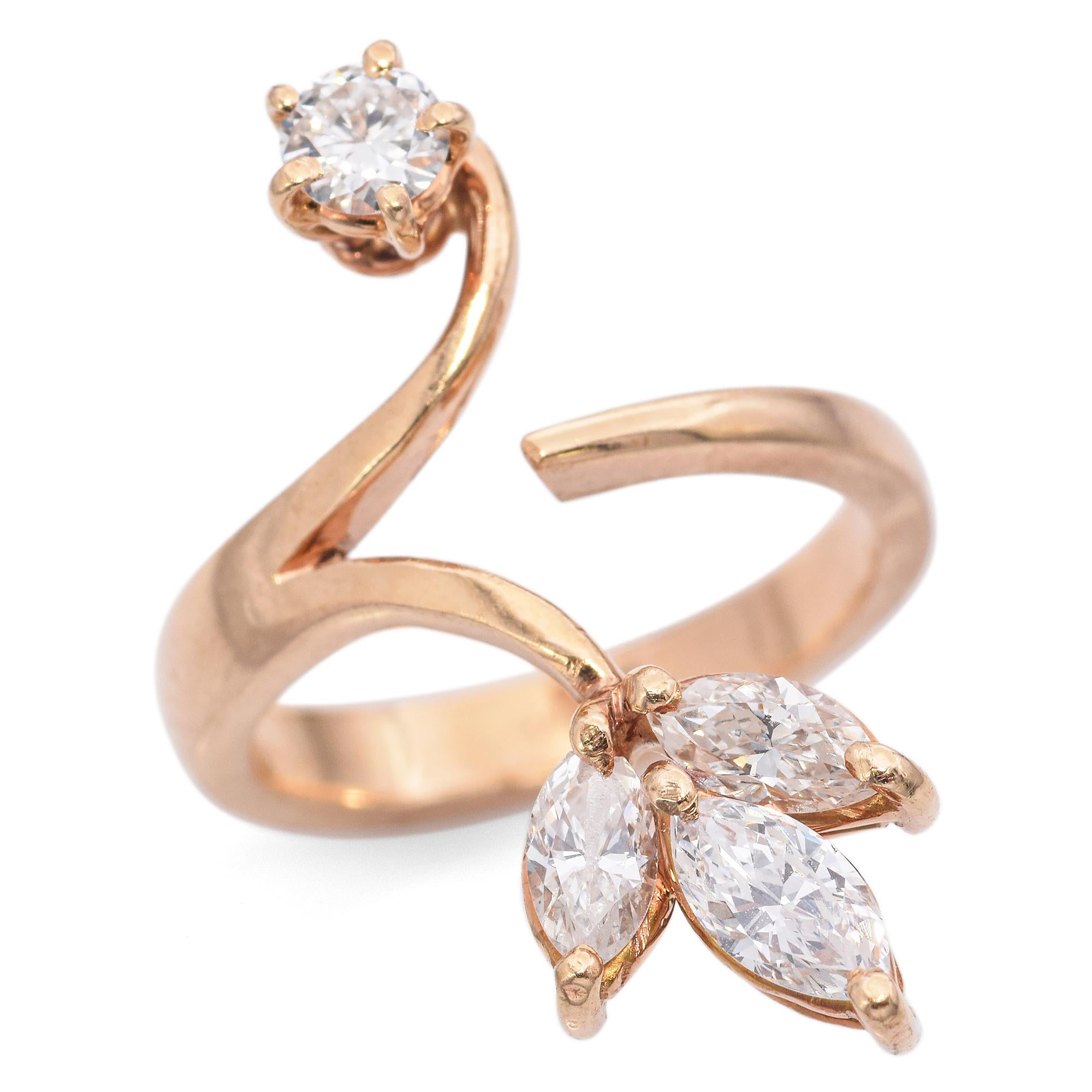 14K Yellow Gold Marquise and Round Diamond Bypass Ring