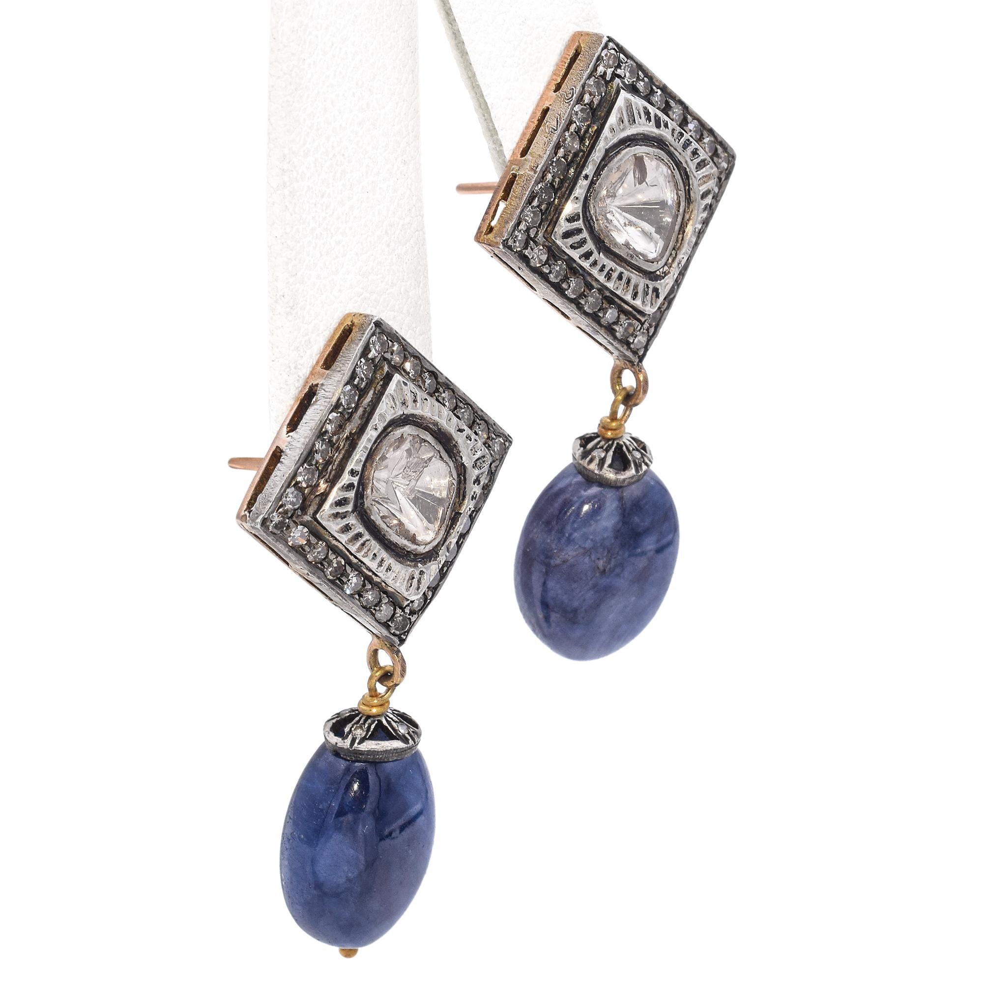 Vintage 14k and Sterling Silver Polki Diamond and Sapphire Drop Earrings