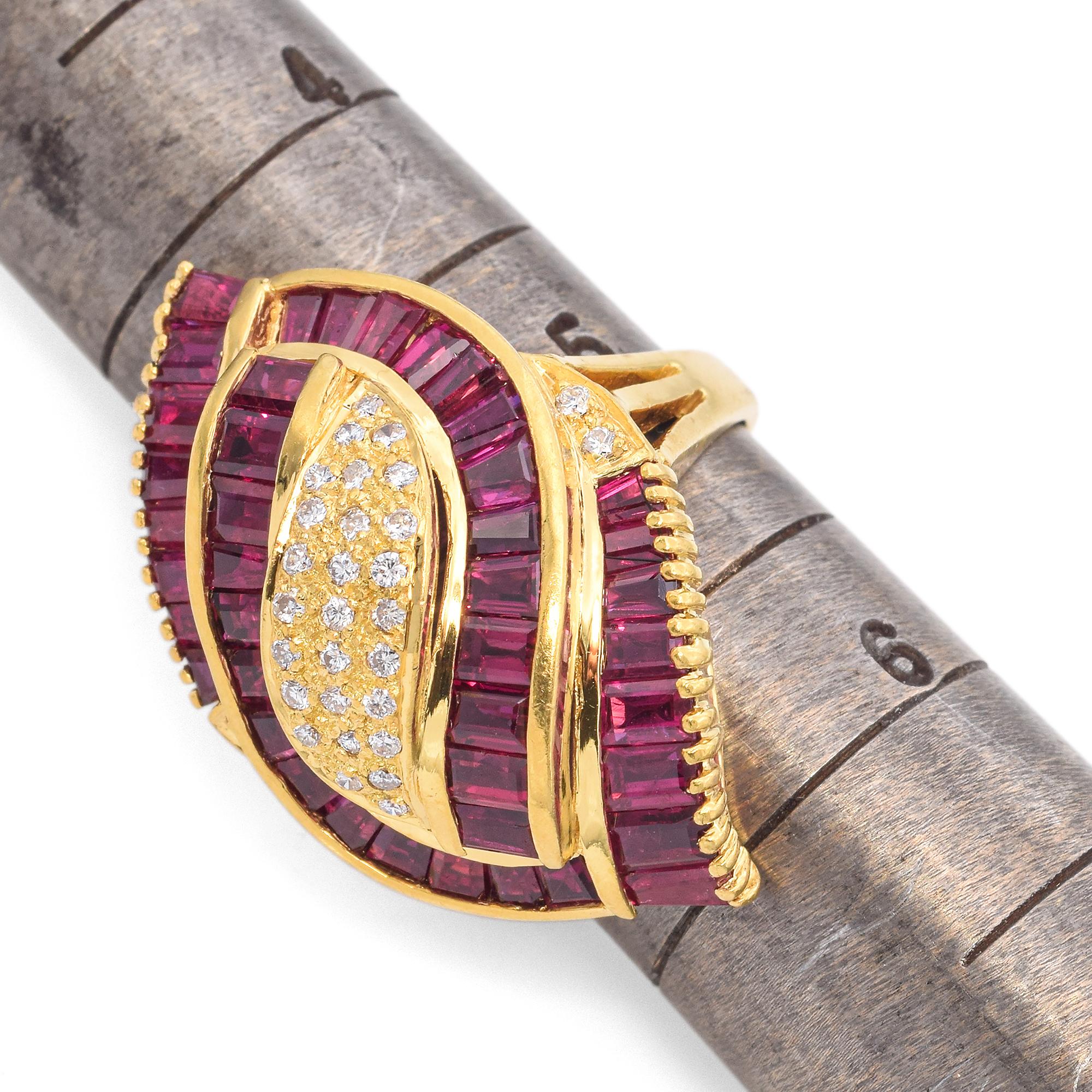 Vintage 18k Yellow Gold Ruby and Diamond Swirl Statement Ring