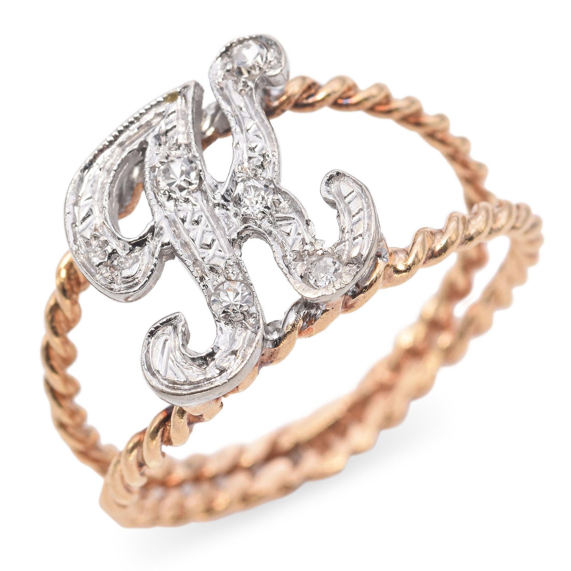 Vintage "K" Initial Diamond Two-Tone Gold Ring